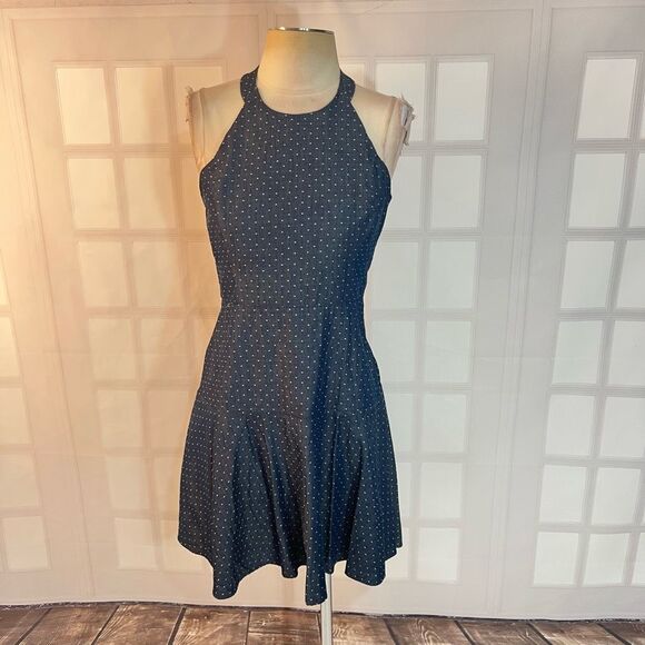 Parker Blue White Polka Dot Sleeveless Halter Denim Chambray Mini Dress Sz Small - Picture 1 of 10